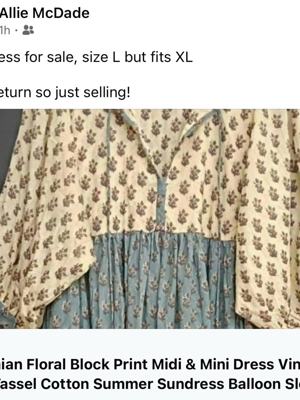 Daughters of India lookalike Cream and Blue Block Print Midi Dress (handmade) - Picture 4 of 4